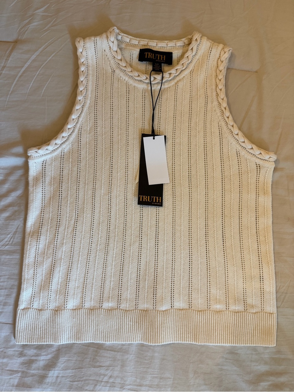 NWT TRUTH By Republic Cream Ribbed Knit Braided-Trim Sleeveless Tank